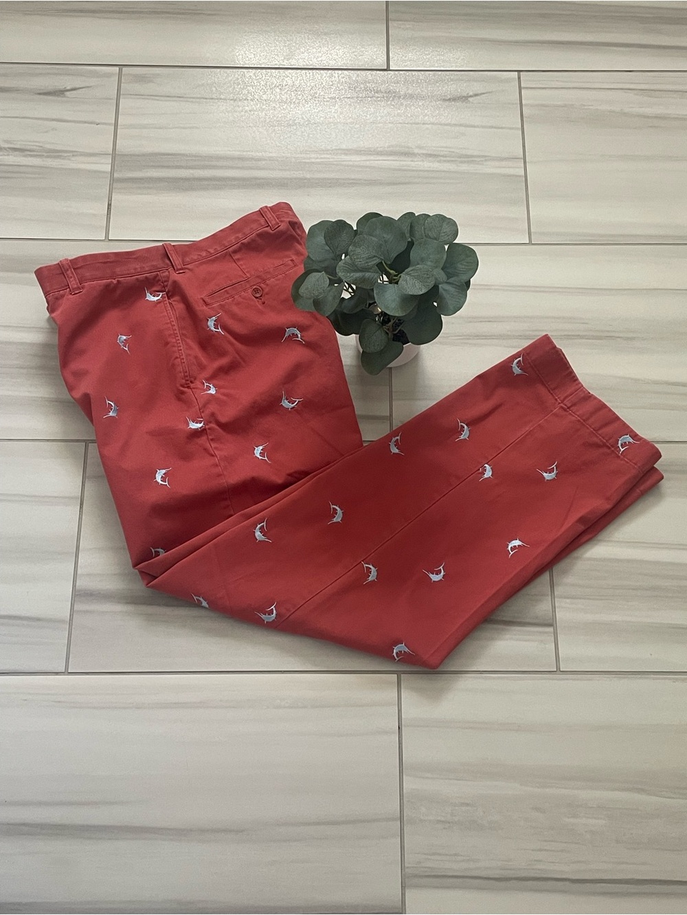 VTG J.Crew Embroidered Swordfish Marlin Chino Pants 34x32 Nantucket Red SP04